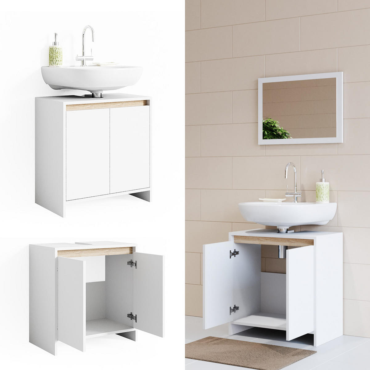 WASCHBECKENUNTERSCHRANK Emma Weiß/Sonoma 58 x 60 cm - Weiß, Holzwerkstoff (58/60/33cm) - Vicco