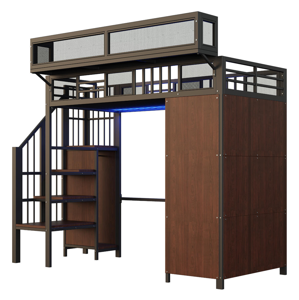 HOCHBETT 90/200 cm Schwarz mit Kleiderschrank, Stauraumleiter und LED-Beleuchtung - Schwarz, Metall (90/200cm) - Flora Grace