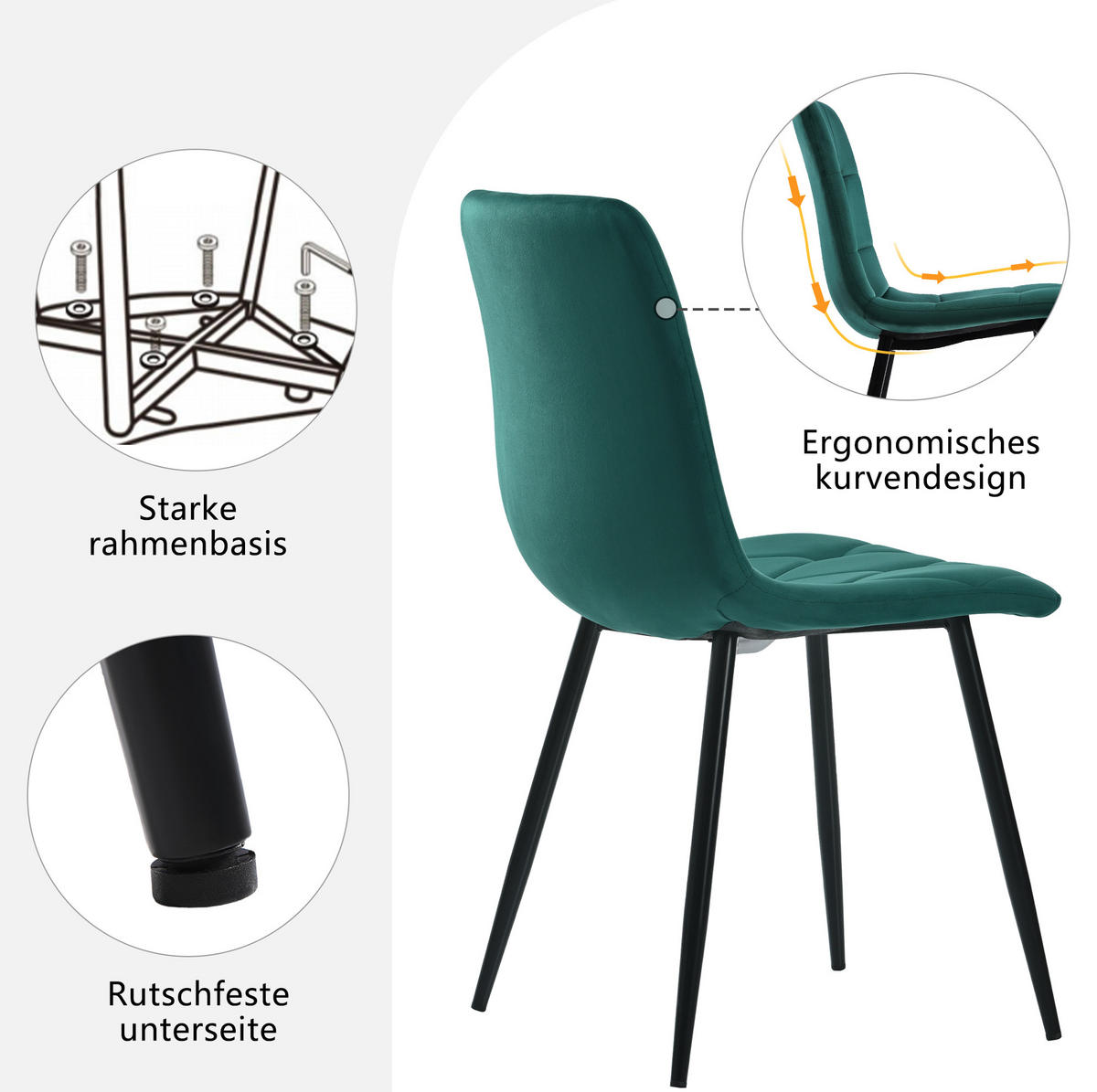 ESSZIMMERSTUHL 4er-Set Samt Dunkelgrün mit Rückenlehne Metallbeine - Dunkelgrün, Metall (40/86/45cm) - Meubliv