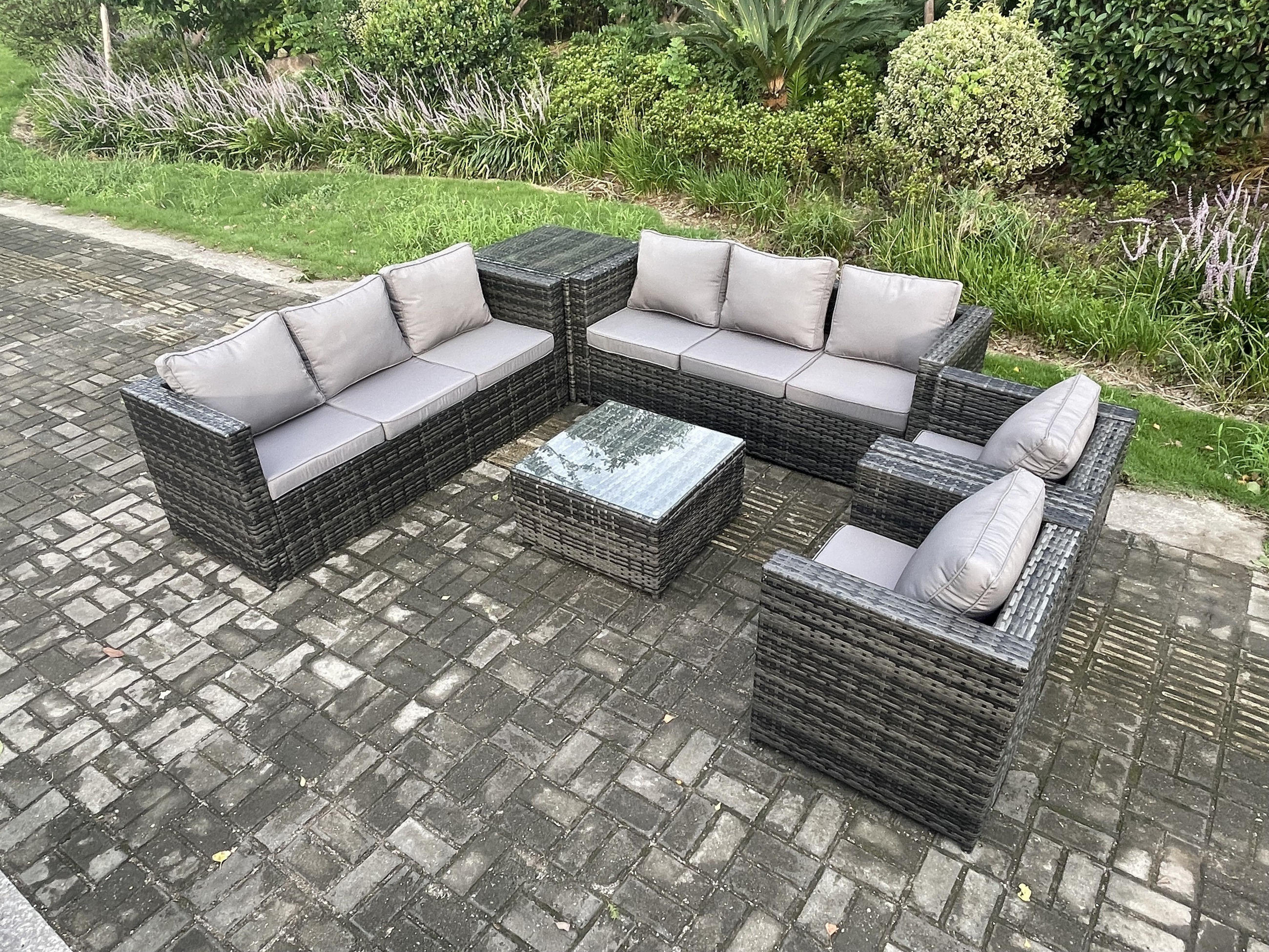 GARTENLOUNGE-SET Polyrattan 8-Sitzer - Dunkelgrau, Metall - Fimous