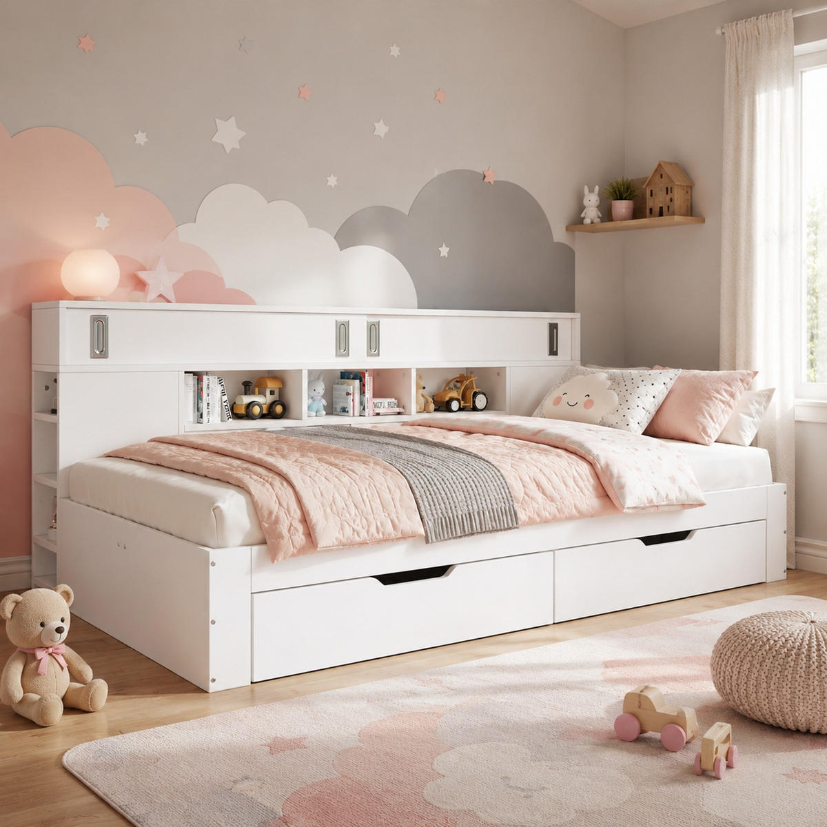 KINDERBETT 140/200 mit Schubladen, Regalen und Stauraum in Weiß - Weiß, Holzwerkstoff (140/200cm) - EVRYAE