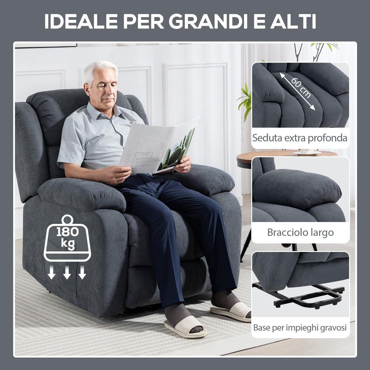 AUFSTEHSESSEL,135° verstellbar Leinenoptik Fußstütze,dunkelgrau - Grau, Textil (91/103/93cm) - Vallsero