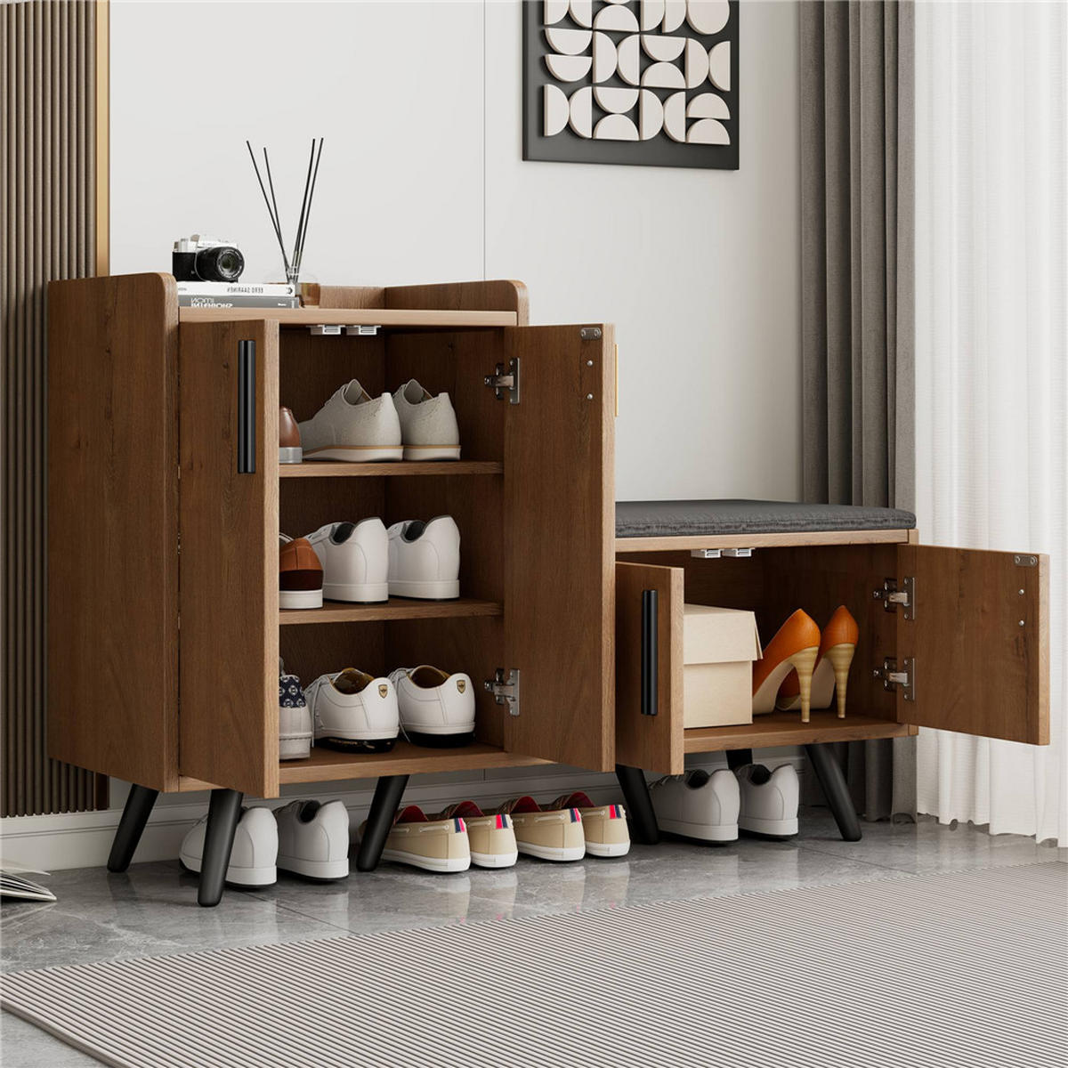 SCHUHSCHRANK Schuhbank 120x34x82 cm Metallgriffe Braun - Braun, Holz (120/82/34cm) - Kaket