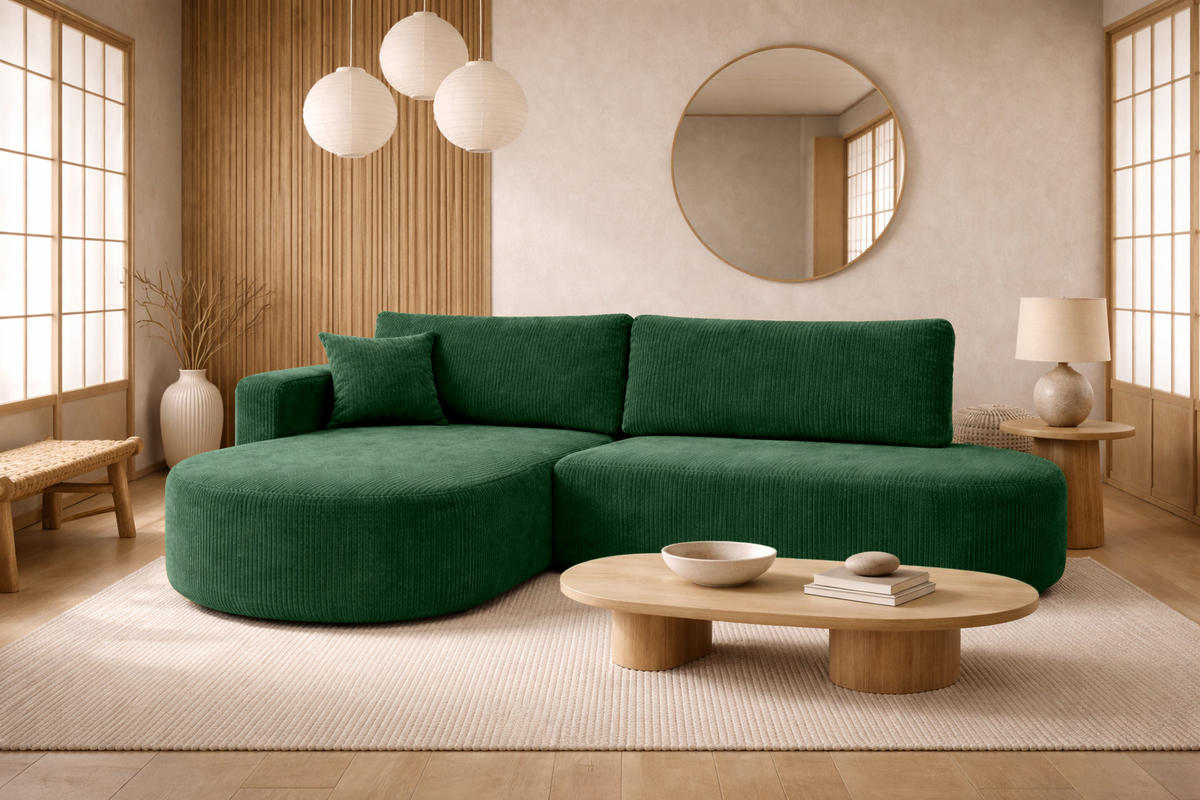 ECKSOFA Mit Schlaffunktion Und Bettkasten, Cordstoff Poso, Grün, Links, ROUND ONE OPEN XL - Grün, Holz (262/175cm) - Kaiser Möbel