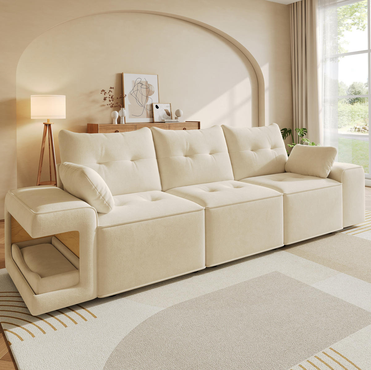 3-SITZER-SOFA aus Samt 229,5x78x84 cm Beige mit Stauraum und integrierten Haustiernischen - Beige, Textil (229.5/84/78cm) - Modfu