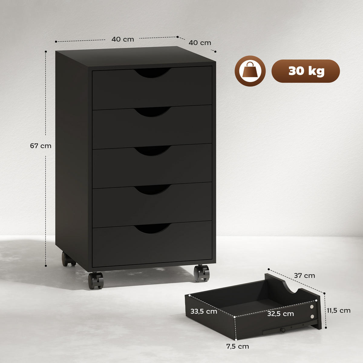 ROLLCONTAINER DE-14483 mit 5 Schubladen Schwarz - Schwarz, Holzwerkstoff (40/67/40cm) - ComfortXL
