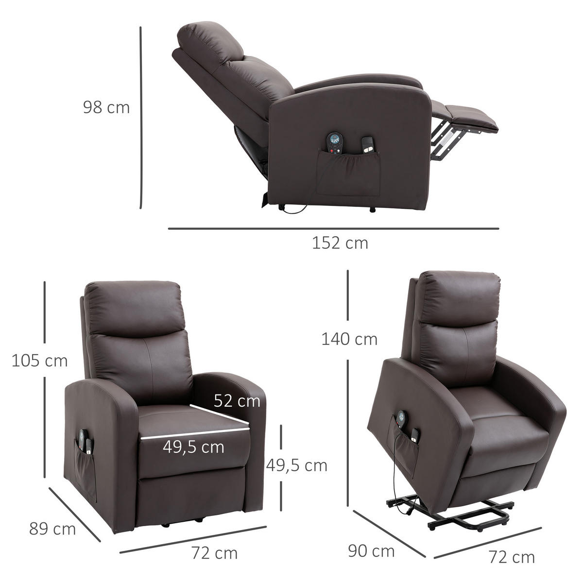 SESSEL mit Aufstehhilfe, Massagesessel mit Liegefunktion, Fernbedienung, Braun - Braun, Kunststoff (89/105/72cm) - HOMCOM