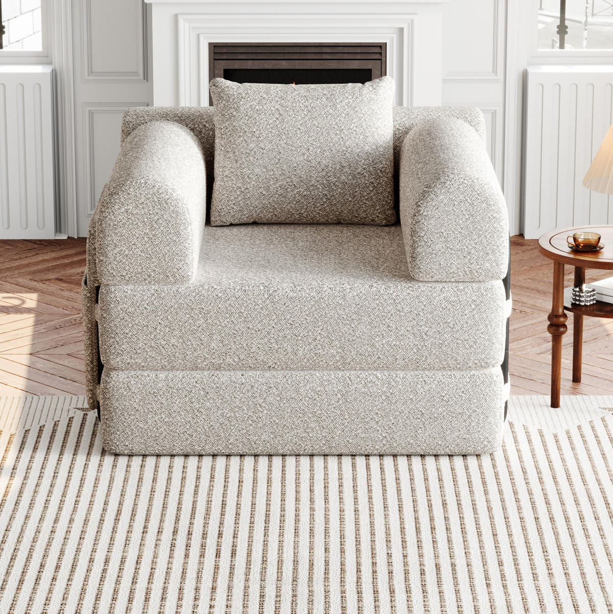 ROZKLÁDACÍ pohovka khaki z chenille se schránkou v područky a ocelovou konstrukcí - přírodní, textil (181.6/49.5/94cm) - OKWISH