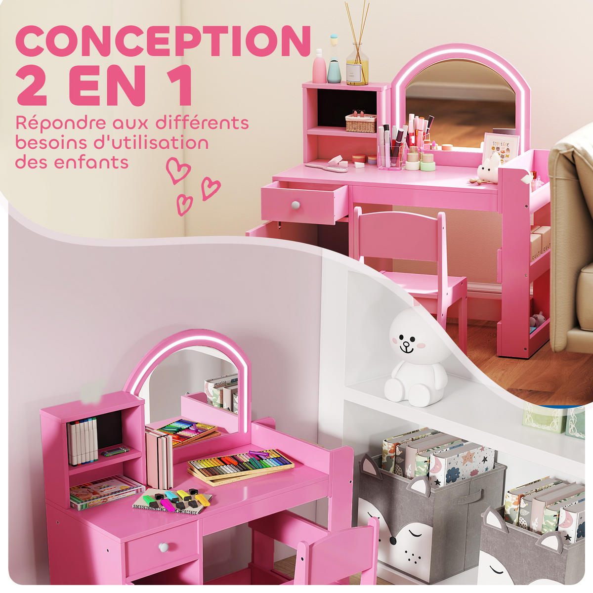 KINDERSCHMINKTISCH DE-18635 LED-Spiegel mit 2 Lichtfarben Rosa - Pink, Holzwerkstoff (38.8/96.9/88.6cm) - ComfortXL