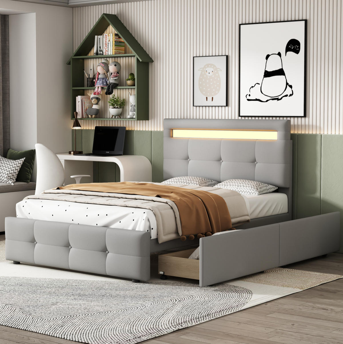 POLSTERBETT aus Polsterstoff 90x200 cm in Grau mit LED & 2 Schubladen - Grau, Textil (90/200cm) - Modfu