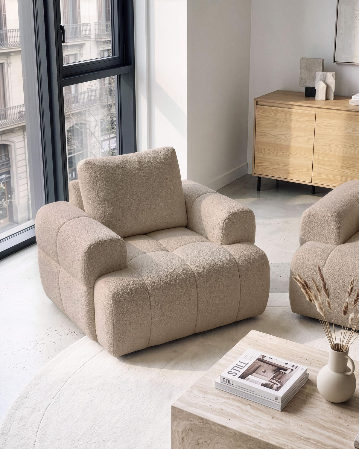 SESSEL Bouclé Beige Narilla - Beige, Kunststoff/Textil (111/81/92cm) - Beliani