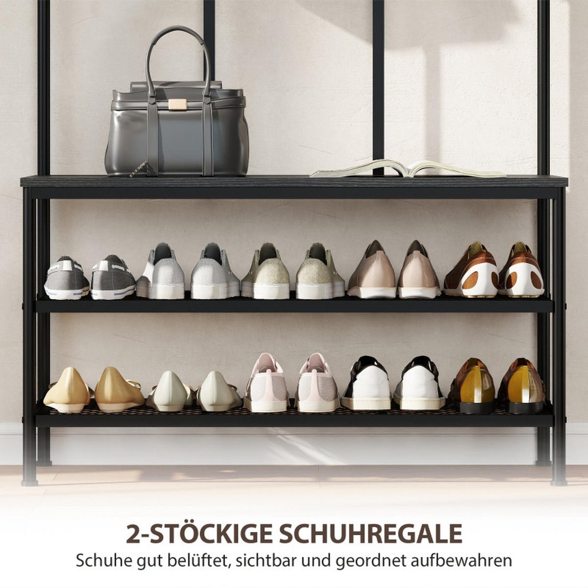 STANDGARDEROBE 91/36/180 cm mit 6 Haken, Sitzbank und Schuhablage in Schwarz - Schwarz, Metall (91/180/36cm) - BEAOK