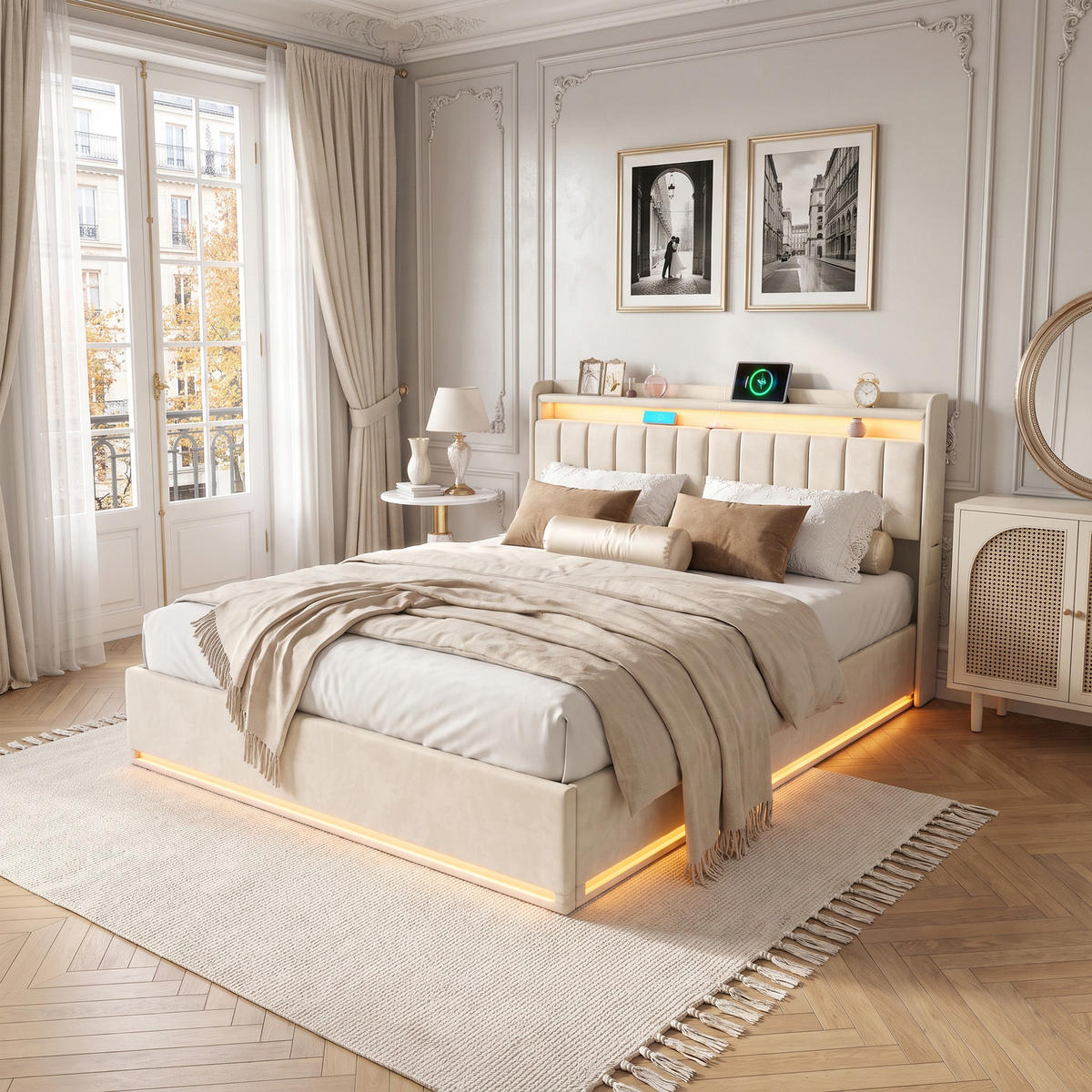 POLSTERBETT 140x200 cm, Doppelbett mit Bettkasten, USB und LED, hydraulischer Stauraum, Samt Beige - Beige, Holz/Textil (140/200cm) - GENKI LIVING