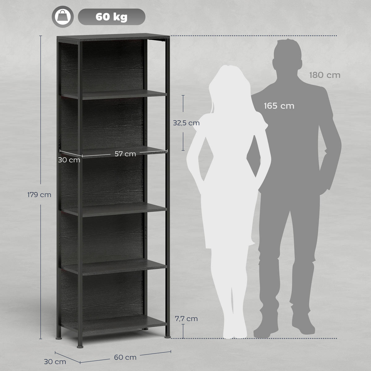 BÜCHERREGAL mit 5 Ebenen Standregal mit LED-Beleuchtung, 7 Lichtfarben, Schwarz - Schwarz, Holzwerkstoff/Metall (30/179/60cm) - HOMCOM