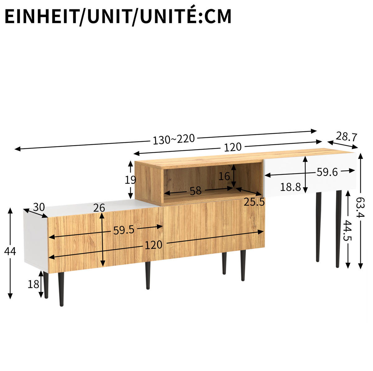 NÍZKÁ komoda, 120+120/30/63,5 cm, MDF a dřevotříska bílá/dekor dřeva, modulární - přírodní, kompozitní dřevo (220/63.5/30cm) - BEAOK