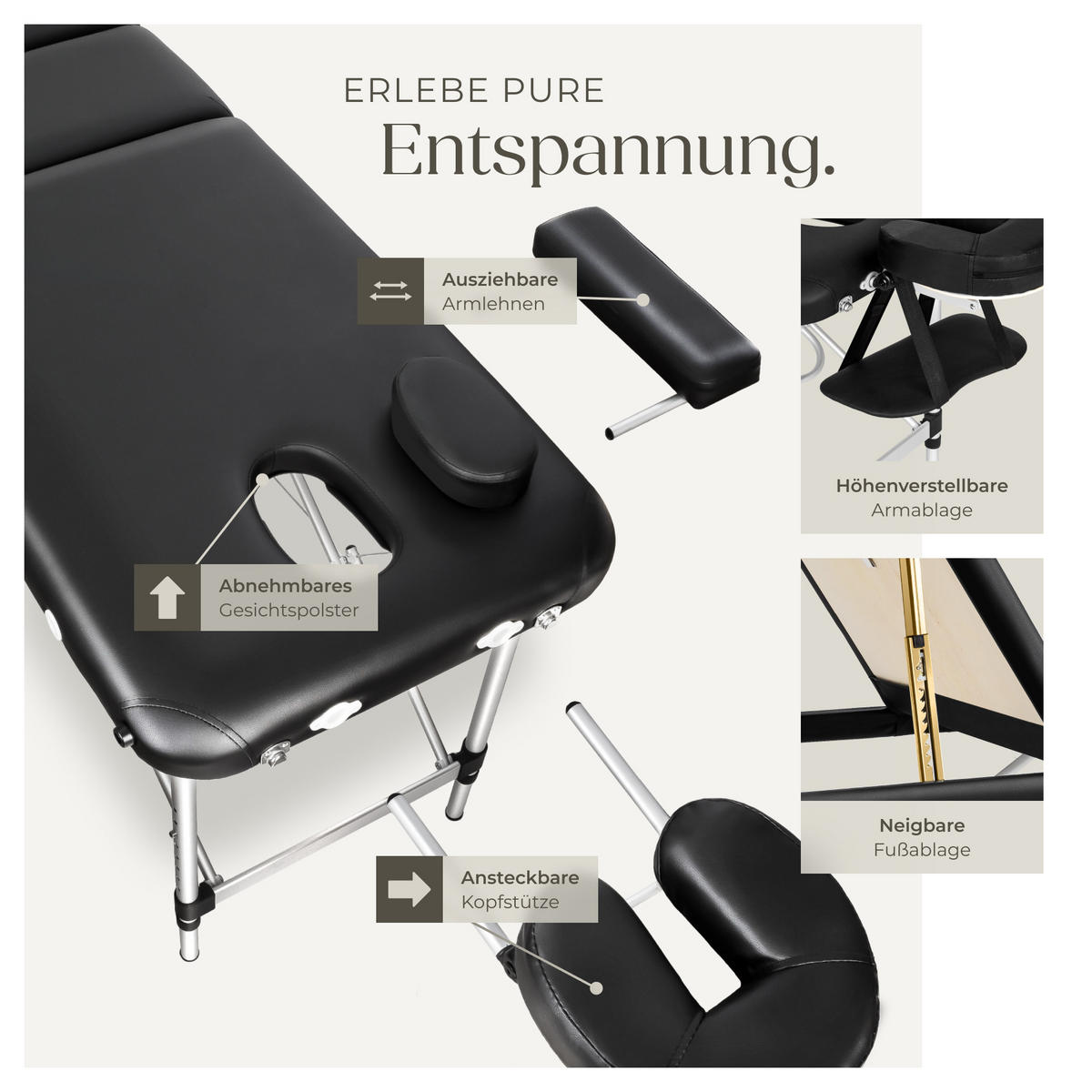 MASSAGELIEGE 3 Zonen, 210 x 95 x 90 cm,schwarz - Schwarz, Metall (61/68/180cm) - tectake