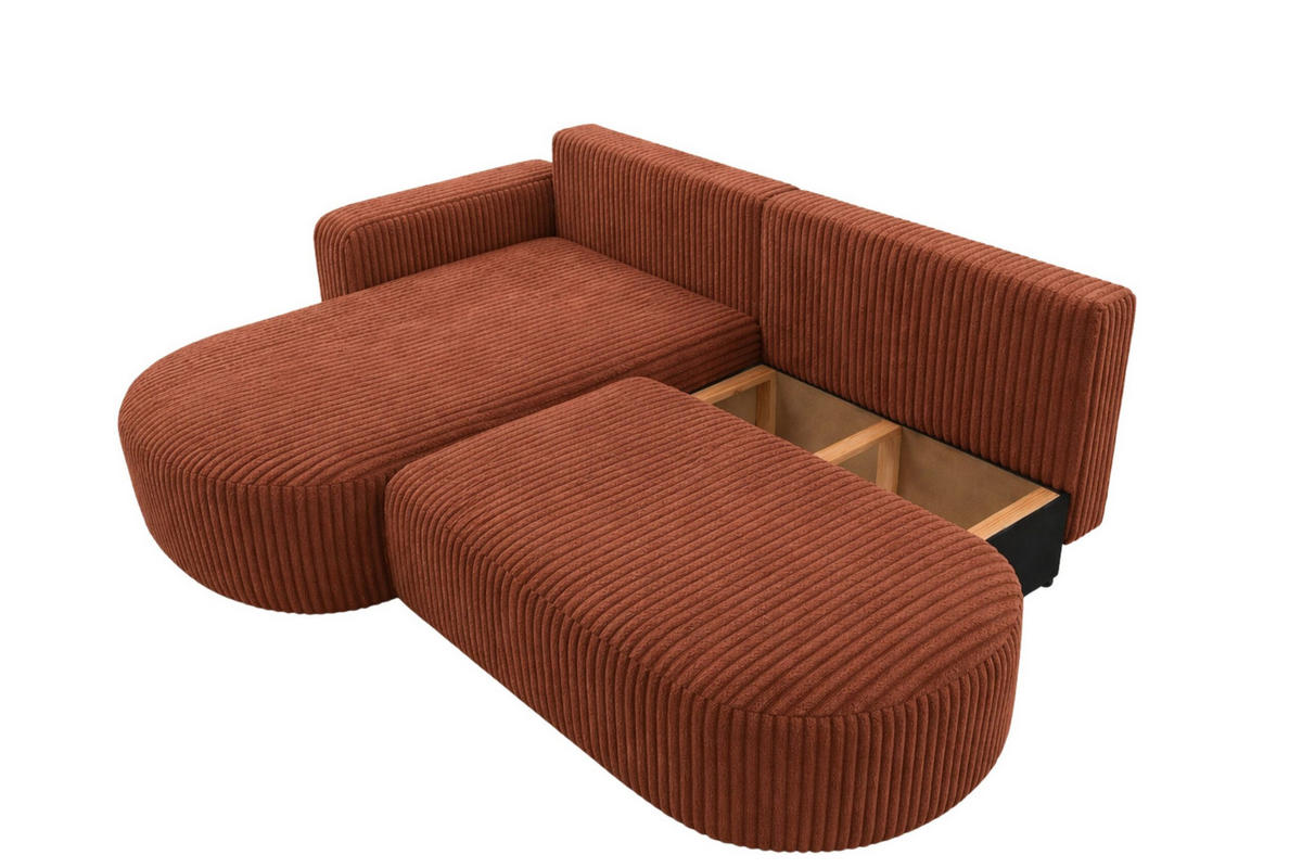 ECKSOFA Mit Schlaffunktion Und Bettkasten, Cordstoff Tilia, Kupfer, Links, ROUND ONE OPEN XL - Orange, Holz (262/175cm) - Kaiser Möbel