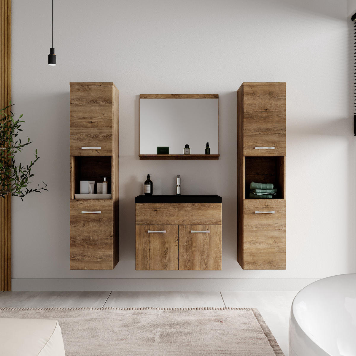 BADMÖBEL-SET Montreal 5 Teile Braun Eiche - Schwarze Waschbecken - 60 x 35 x 51 cm - Eichefarben/Schwarz, Holz (60/51/35cm) - Badplaats