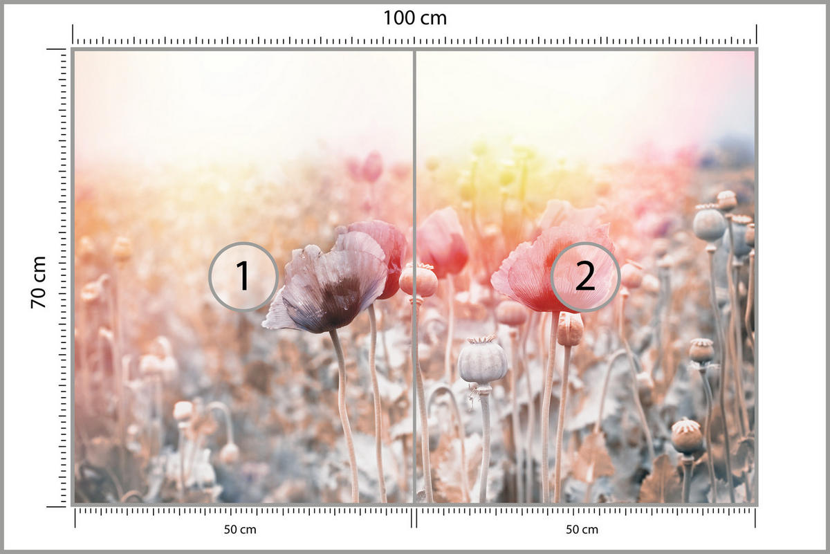 FOTOTAPETE für Wohnzimmer Mohnfeld Wiese Sonnenaufgang Natur 100x70 - Gelb/Rot, Papier (100/70cm) - Muralo