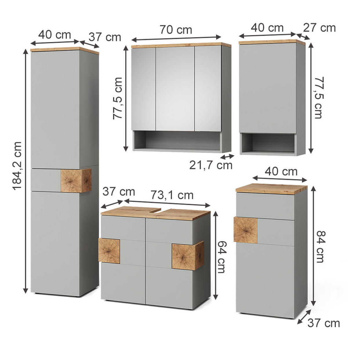 BADMÖBEL-SET Eden Grau/Artisan 5 Teile - Hellgrau/Grau, Holzwerkstoff (73/64/37cm) - Vicco