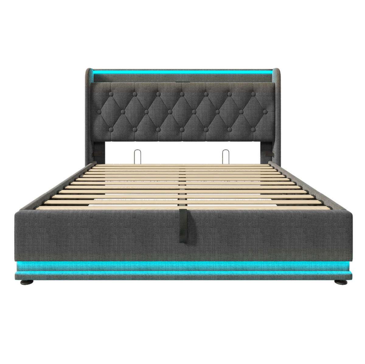 POLSTERBETT aus Leinen 160x200 cm Grau mit LED, USB-C, Stauraum und Matratze - Grau, Textil (160/200cm) - IVMEU