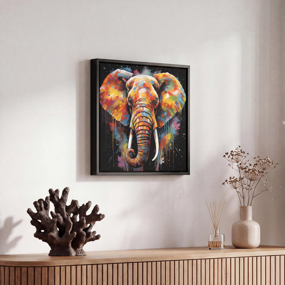 LEINWAND Bilder mit Rahmen - Elefant - Graffiti - Schwarz - Tiere - Farben - 20x20 - Schwarz, Textil (20/20cm) - MuchoWow