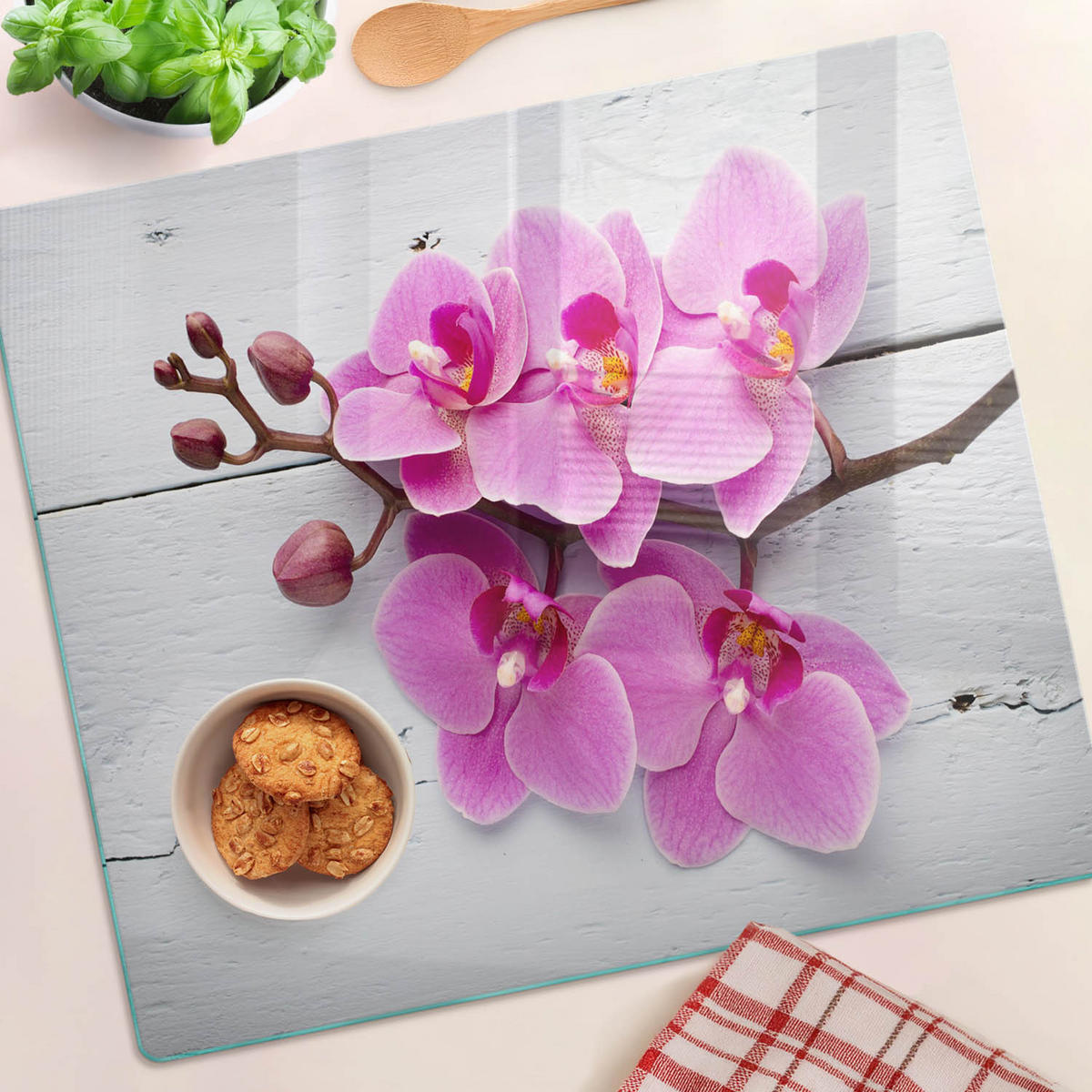 GLASPLATTE 60x52 cm Orchidee auf Holz - Pink, Glas (60/0.4/52cm) - TULUP