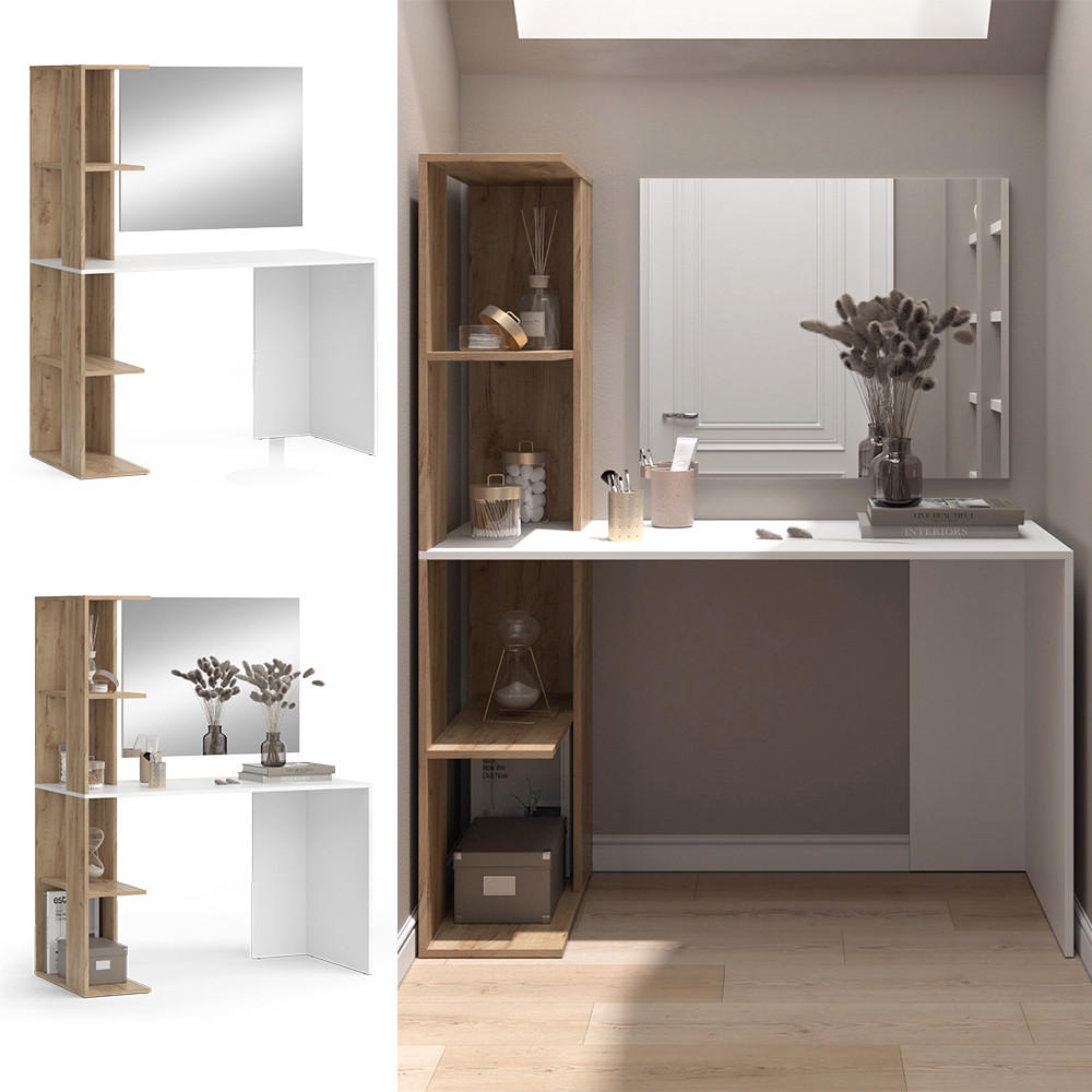 SCHMINKTISCH Tower Weiß/Sonoma 122.2 cm mit Spiegel - Weiß/Sonoma Eiche, Holzwerkstoff (122.2/75.8/55.2cm) - Vicco