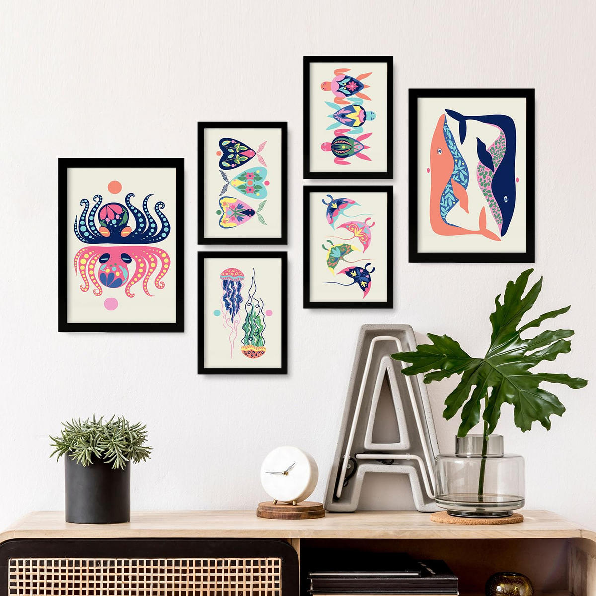 POSTER Set Mit 6 Kreaturen Frames 2 In Tiere Abstracts Ästhetische Dekorative Gemälde Für Ihr Wohnzimmer Schlafzimmer Zuhause A3 & A4 Schwarzer Rahmen - Schwarz, Papier (29/3cm) - Nacnic