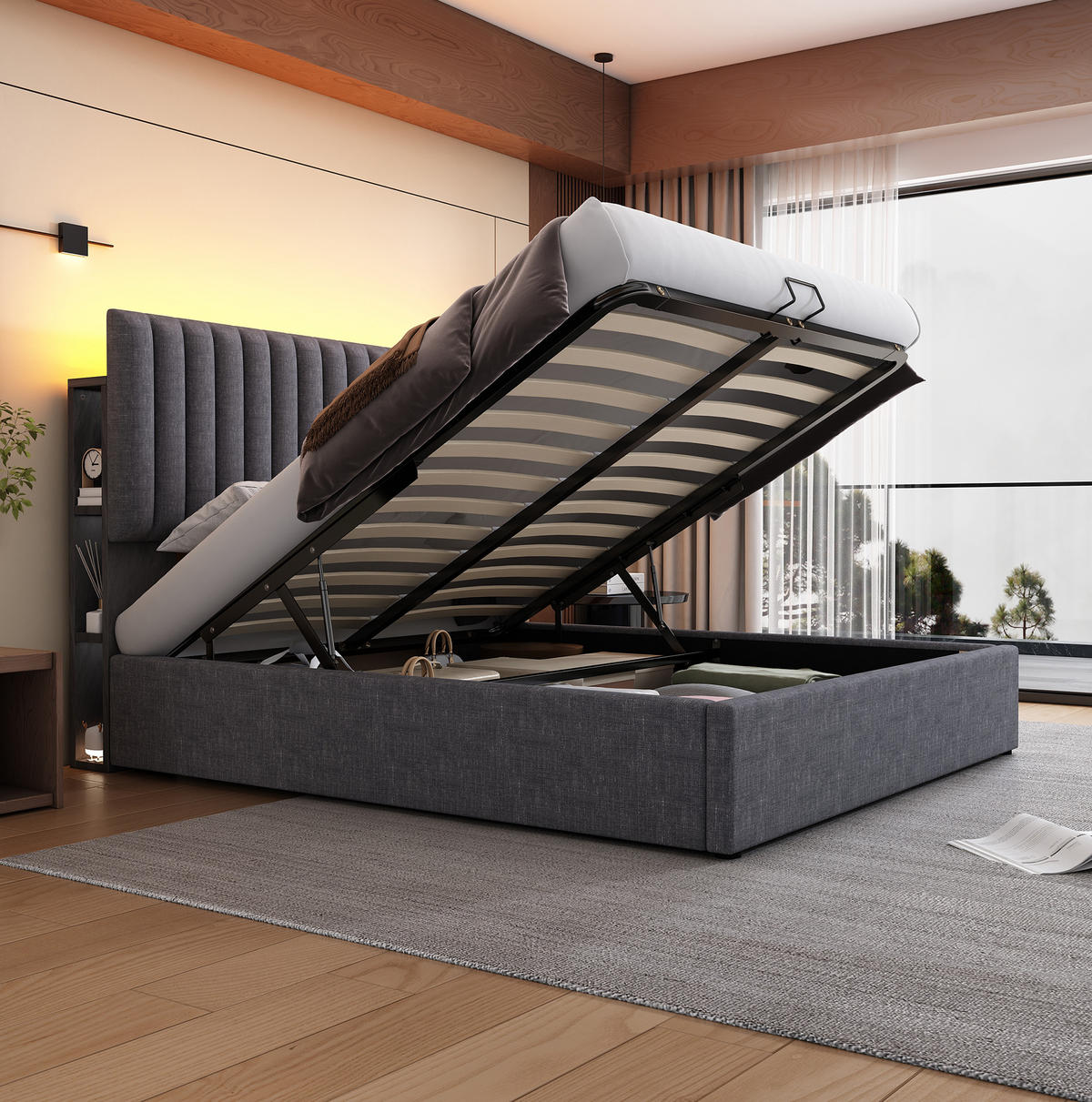 POLSTERBETT mit LED-Beleuchtung 160/200 cm mit Stauraum, USB-C und Matratze - Grau, Textil (160/200cm) - BEAOK