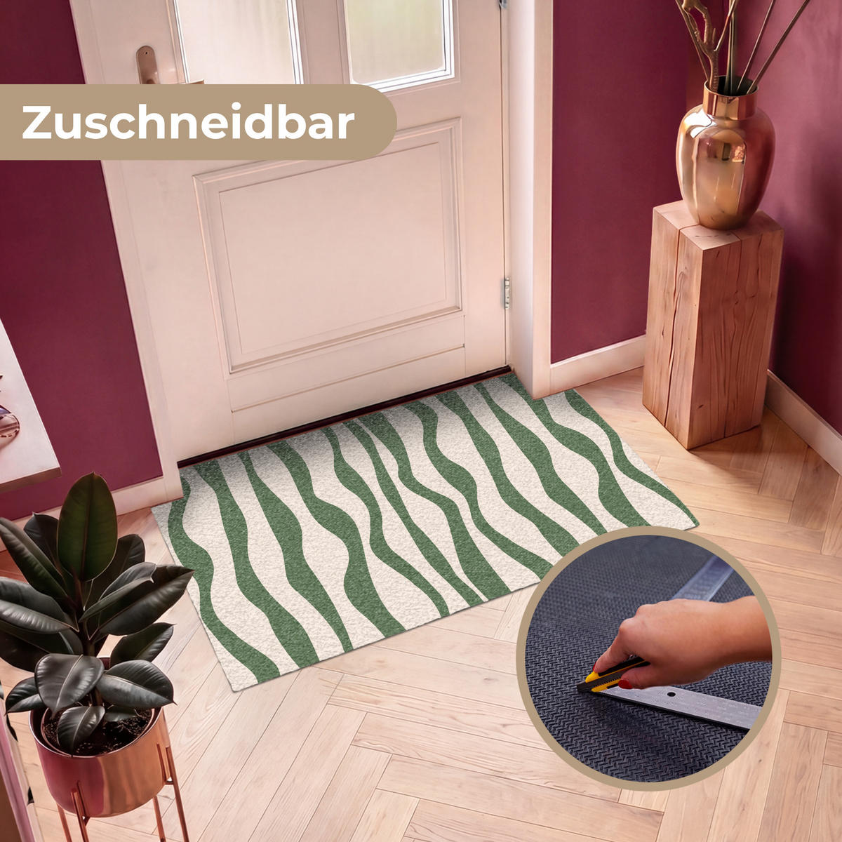 ROHOŽKA Vlnité linie - Béžová - Zelená - Pruhy - Abstraktní 120x80 cm - tmavě zelená, textil/umělá hmota (120/0.4cm) - MuchoWow