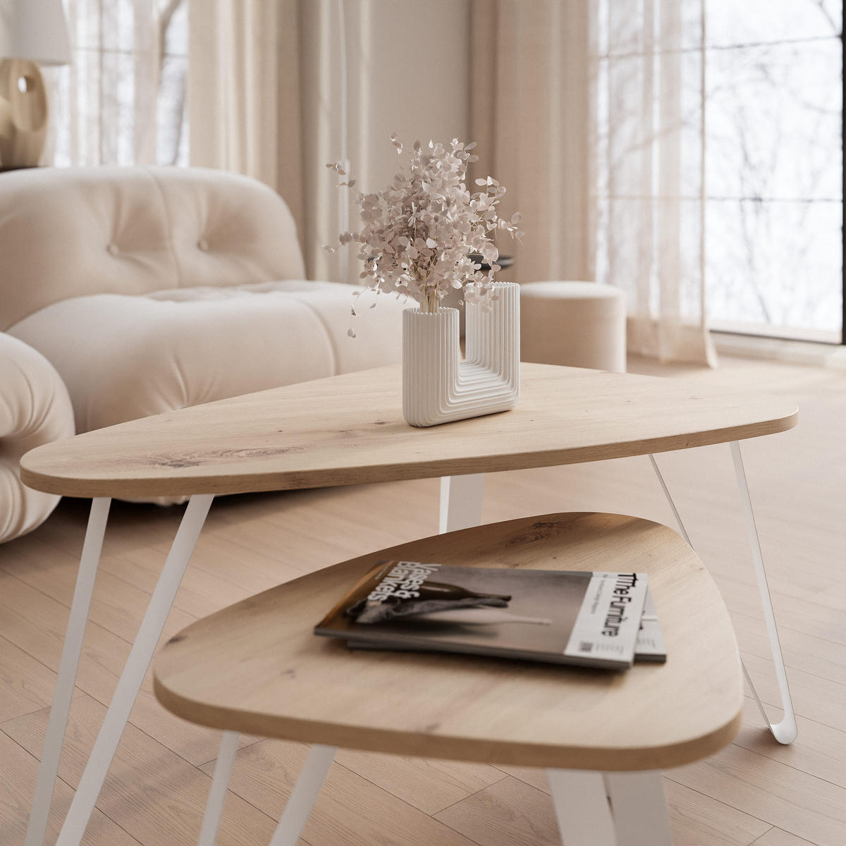 SATZTISCH NOA Stahlgestell, Freiform, Weiß / Artisan-Eiche - Eiche Artisan/Weiß, Holzwerkstoff/Metall (94/60/42cm) - Idohome