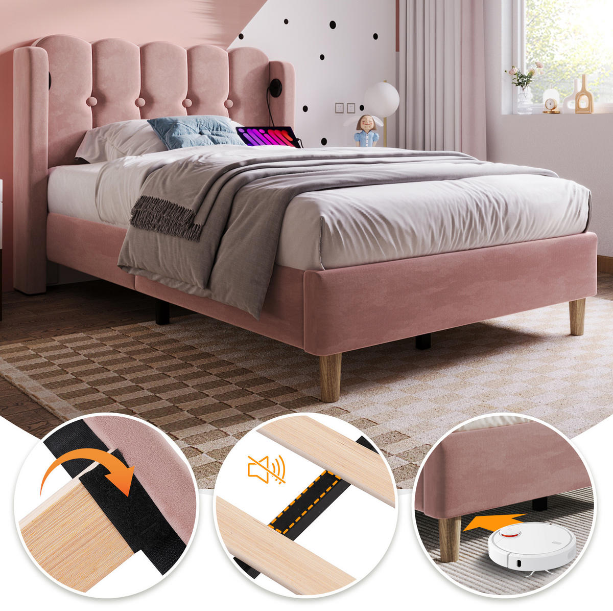 POLSTERBETT 90/200 cm rosa mit USB Typ C Ladefunktion und Lattenrost Mit Matratze - Rosa, Textil (90/200cm) - OKWISH