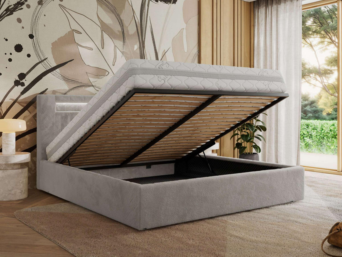 POLSTERBETT GOLD 5 CLASSIC 160/200 - Hellgrau Plüsch - Pocket-Matratze - Hellgrau, Textil (160/200cm) - MKS