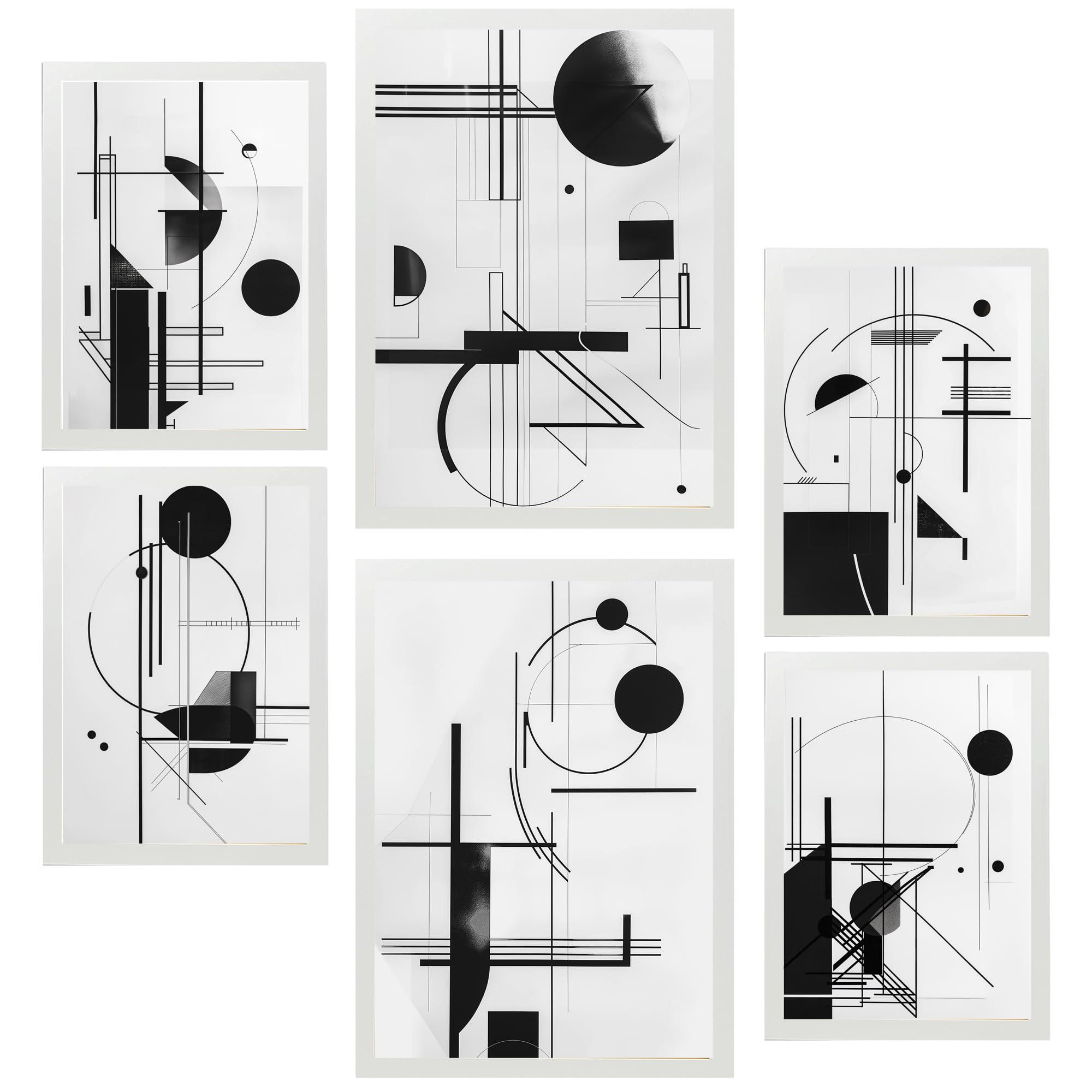 POSTER Set Mit 6 Bauhaus Schwarz Weiß Linien & Formen A3 & A4 Weißer Rahmen - Weiß, Papier (29/3cm) - Nacnic