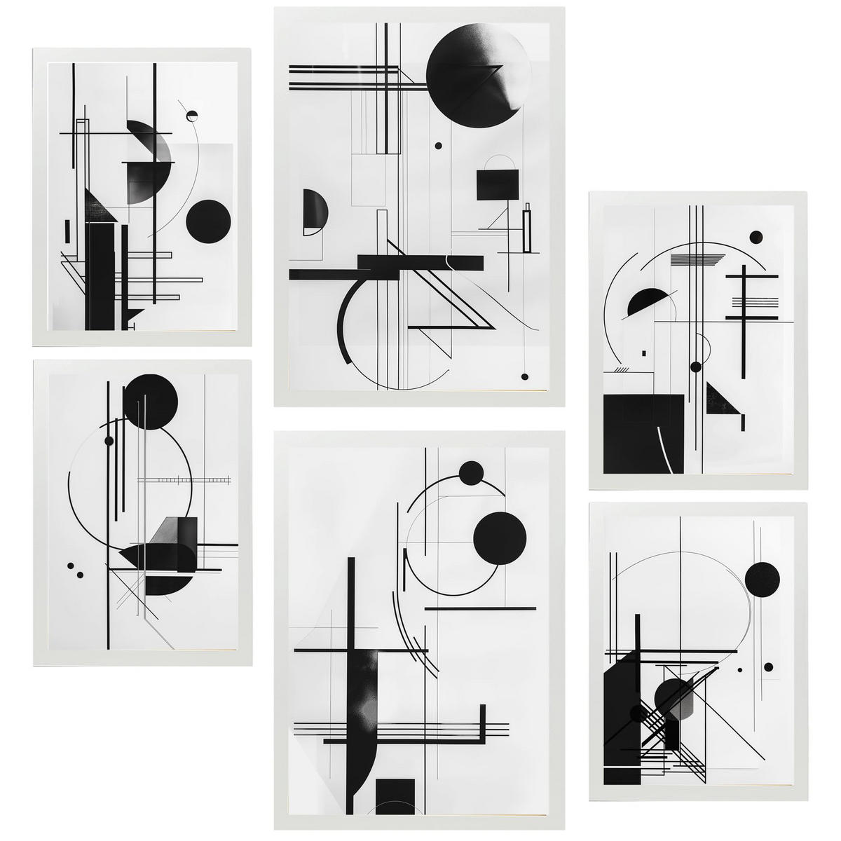 POSTER Set Mit 6 Bauhaus Schwarz Weiß Linien & Formen A3 & A4 Weißer Rahmen - Weiß, Papier (29/3cm) - Nacnic