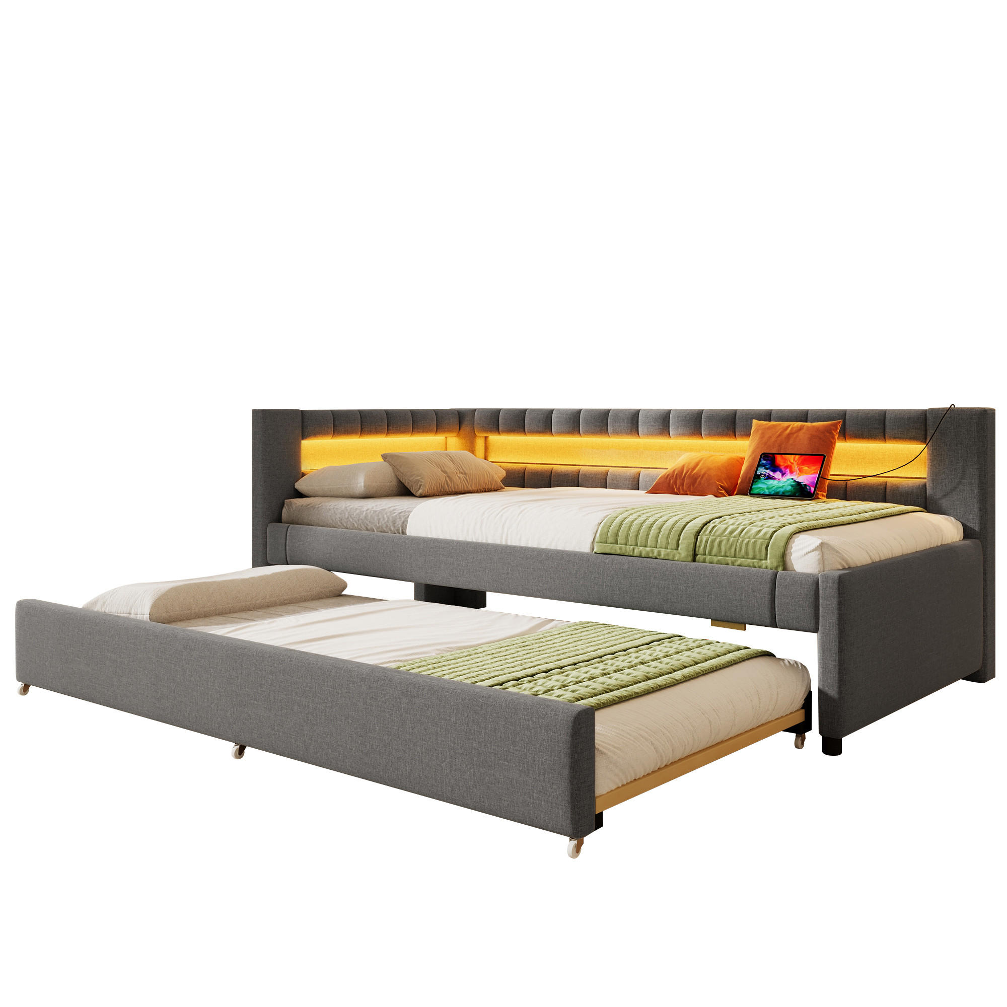 TAGEBETT 90x200cm Grau LED-Licht Ausziehbett USB Leinen - Grau, Holz (90/200cm) - FLIEKS