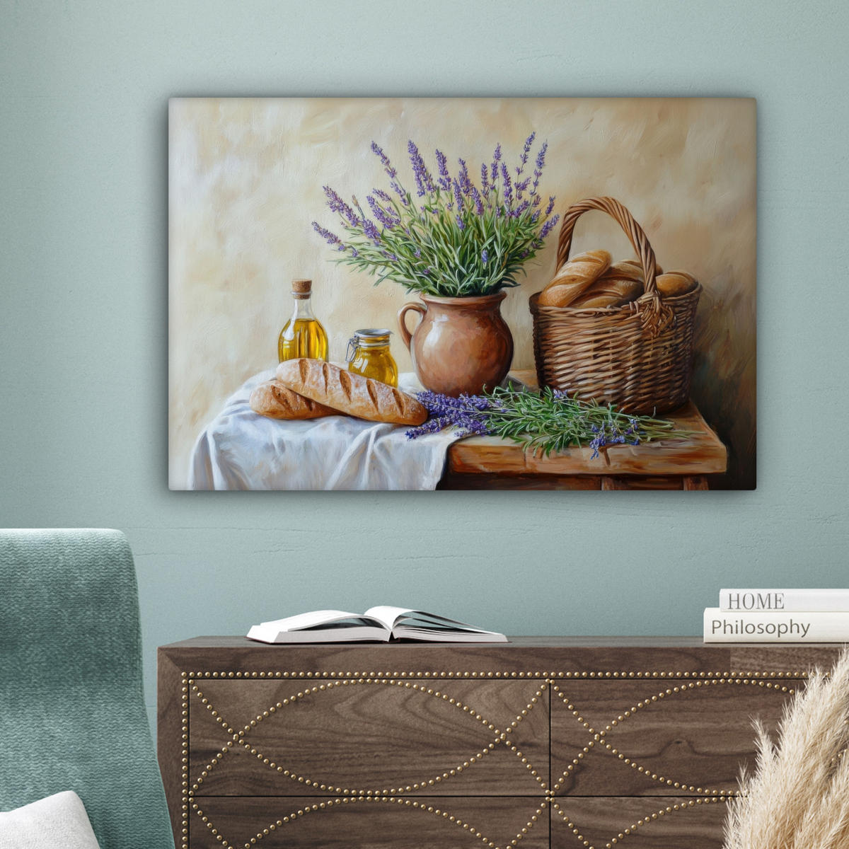 LEINWANDBILD Lavendel - Brot - Stilleben Wanddeko 90x60 cm - Flieder, Textil (90/60cm) - MuchoWow