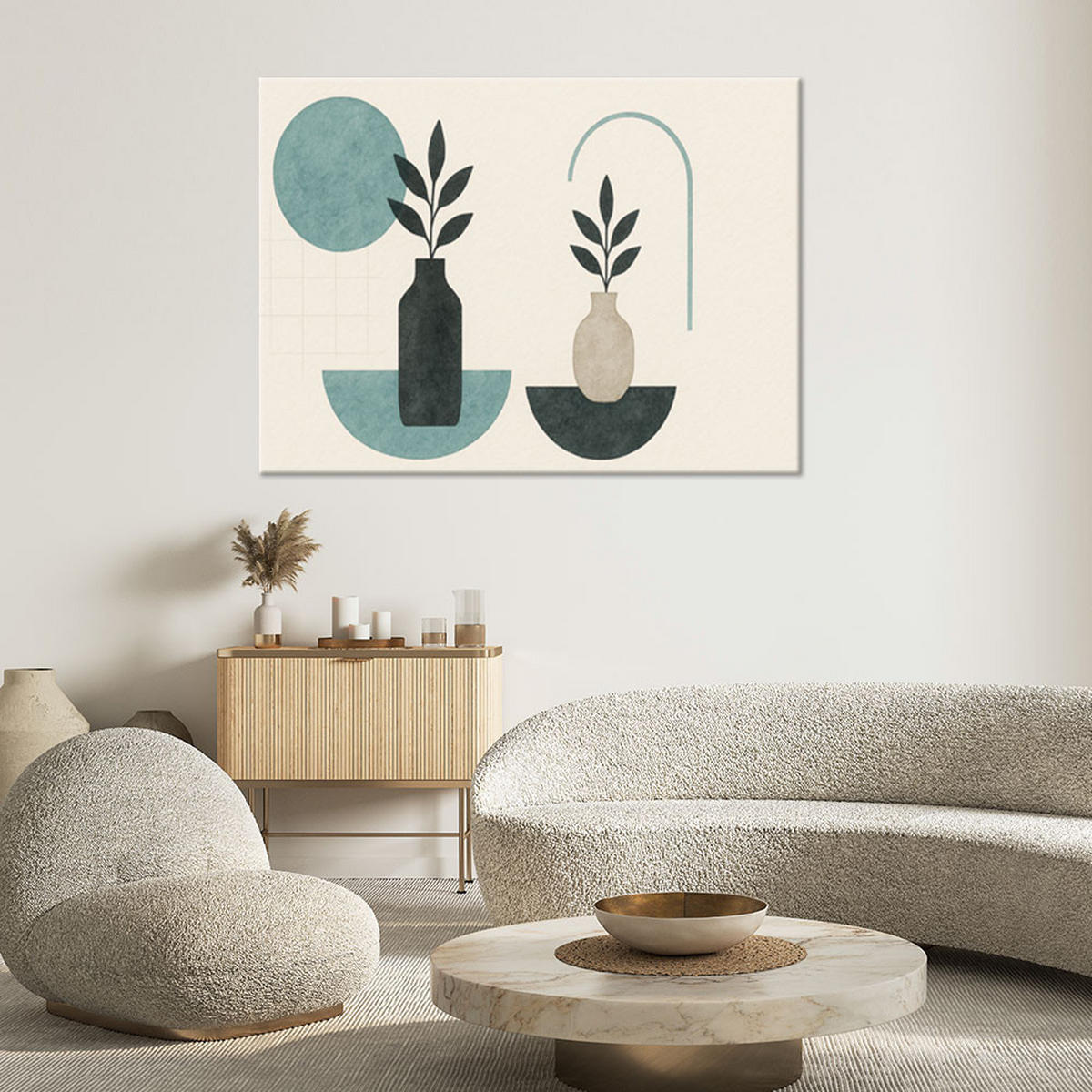 LEINWANDBILD Vasen Minimalismus Abstraktion Türkis 120x80cm - Beige, Textil (120/80cm) - Feeby