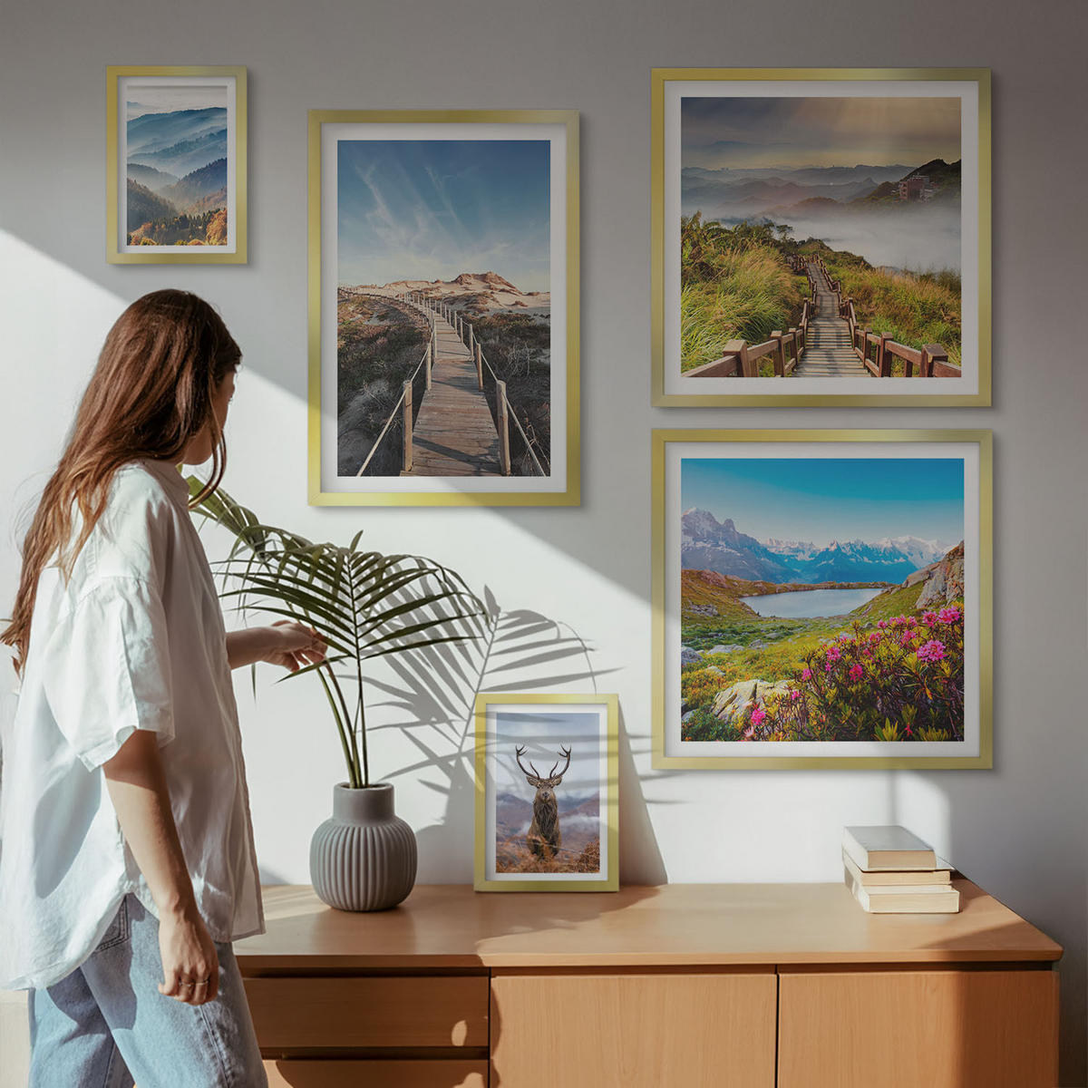 WANDBILDER 5er Set - 50x50 cm & 20x30 cm & 40x60 cm Goldrahmen - Berglandschaft, See, Hirsche - Goldfarben, Kunststoff (40/60cm) - ArtPrintCave