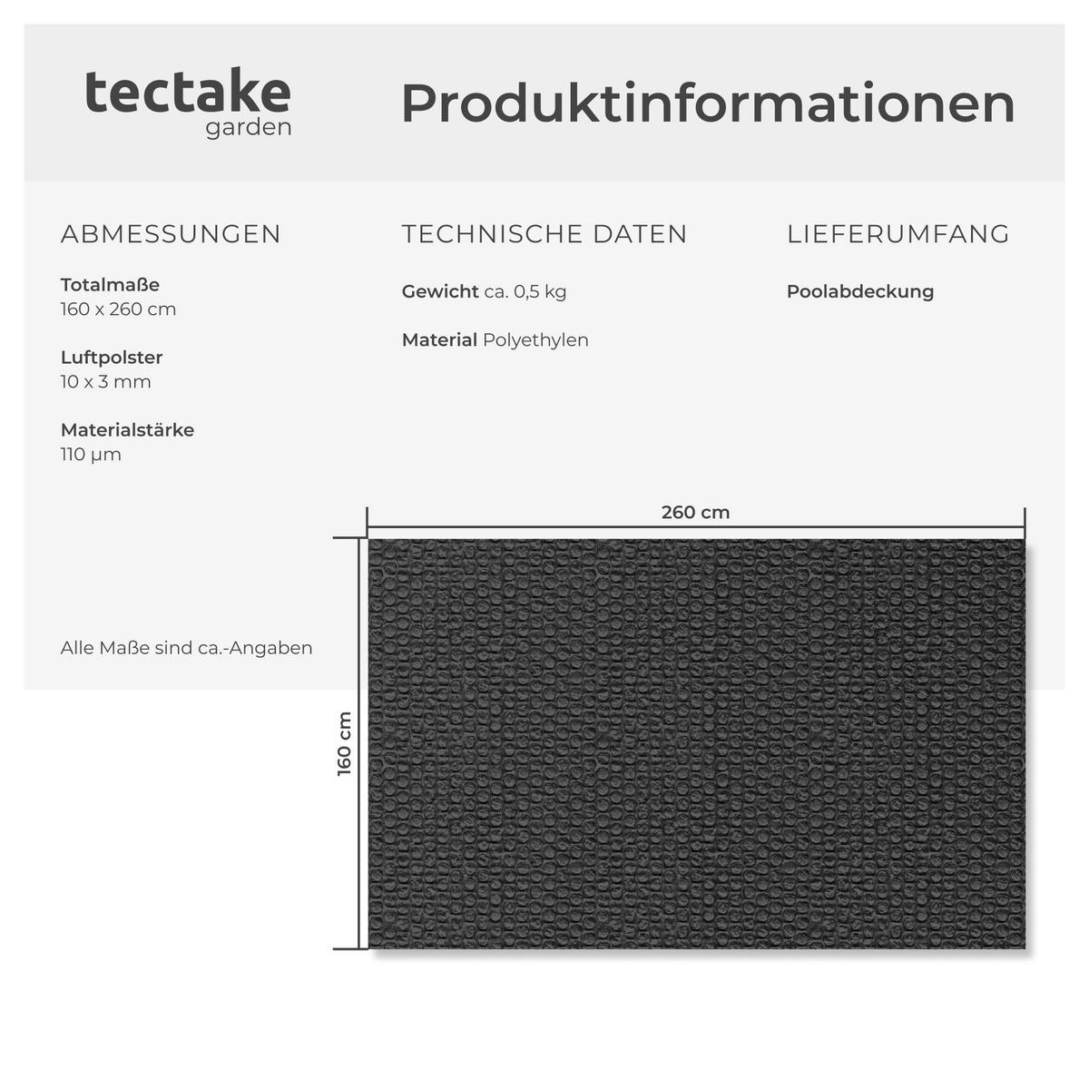 POOL-SOLARFOLIE , 160 x 260 cm, schwarz - Schwarz, Kunststoff (260/160cm) - tectake