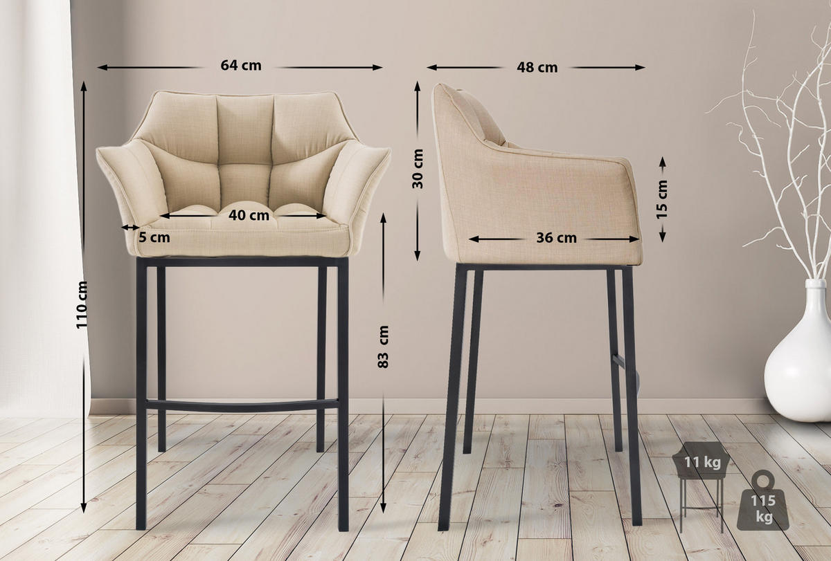 BARHOCKER Stoff creme - Creme/Schwarz, Textil/Metall (64/110/48cm) - CLP