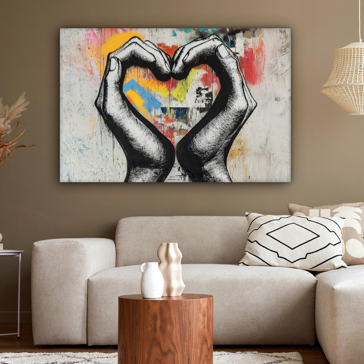 OBRAZ NA PLÁTNE Ruky - Srdce - Street art - Graffiti 150x100 cm - viacfarebná, textil (150/100cm) - MuchoWow