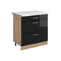KÜCHENUNTERSCHRANK R-Line, Schwarz Hochglanz/Goldkraft Eiche, 80 cm mit 3 Schubladen Arbeitsplatte Marmor - Schwarz Hochglanz/Eichefarben, Holzwerkstoff (80/81.6/60cm) - Vicco