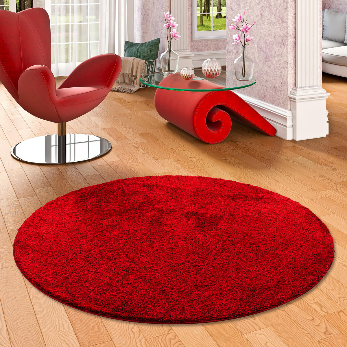 HOCHFLOR SHAGGY TEPPICH PALACE RUND - Weinrot, Textil (100/100cm) - Snapstyle