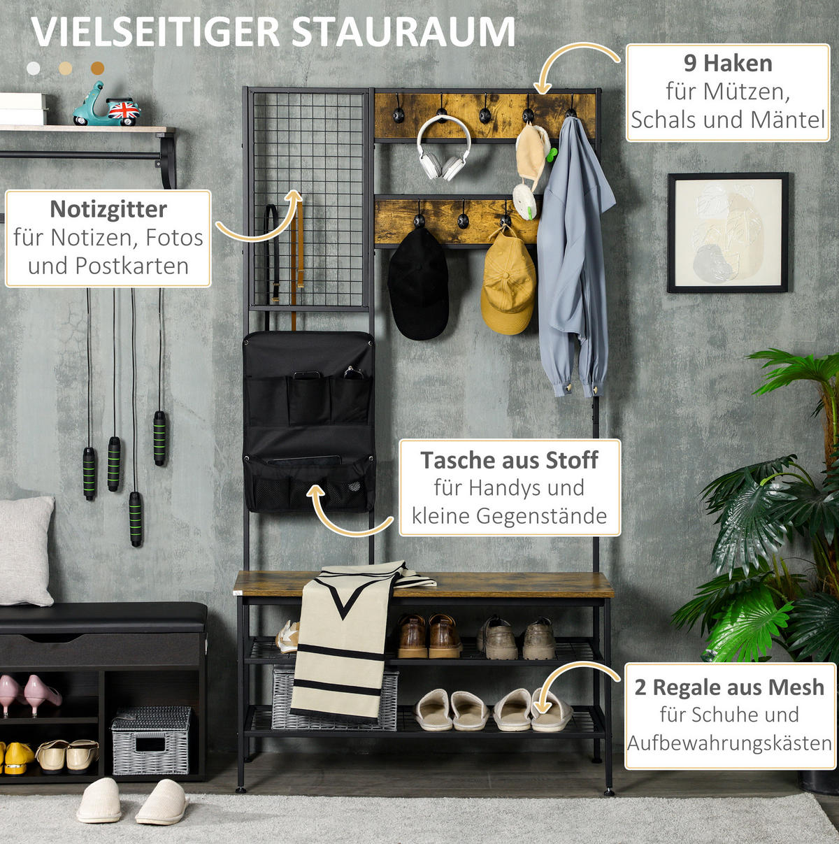 FLURGARDEROBE 100/40/185 cm mit Sitzbank, 9 Haken, Memoboard und Schuhablage, Braun - Braun, Holzwerkstoff (100/185/40cm) - Redom