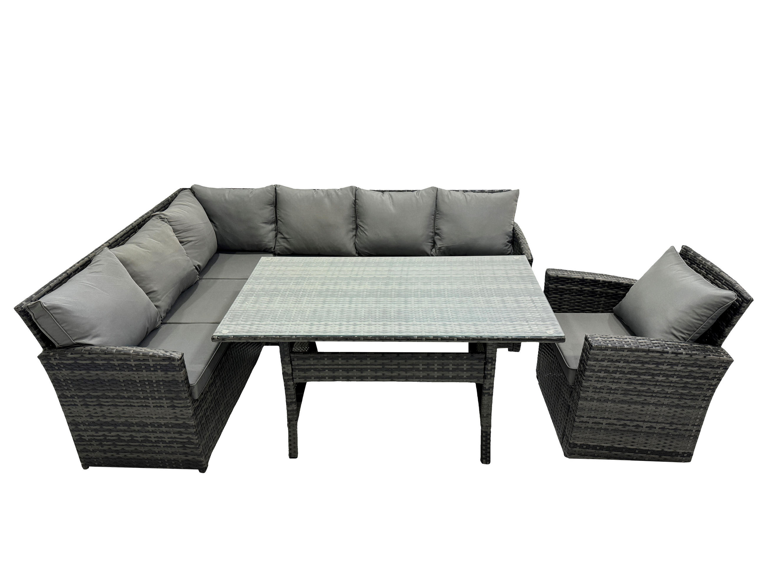 SITZGRUPPE mit Esstisch Polyrattan Dunkelgrau 7-Sitzer - Dunkelgrau/Grau, Glas/Kunststoff - Fimous