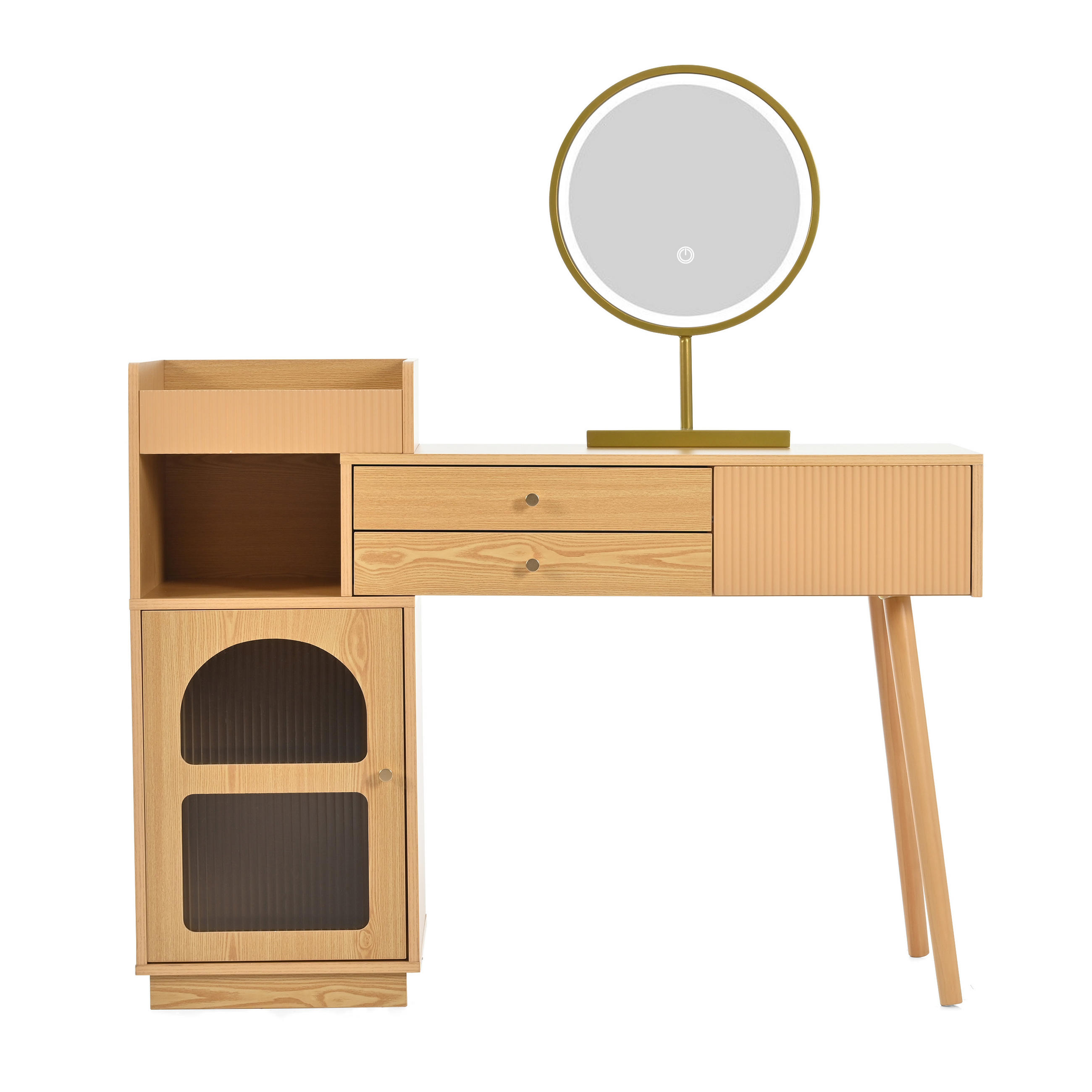 SCHMINKTISCH mit LED-Spiegel – Holzoptik, 3 Schubladen & Seitenschrank - Sonoma Eiche, Holzwerkstoff/Metall (120/90/40cm) - Urban Meuble