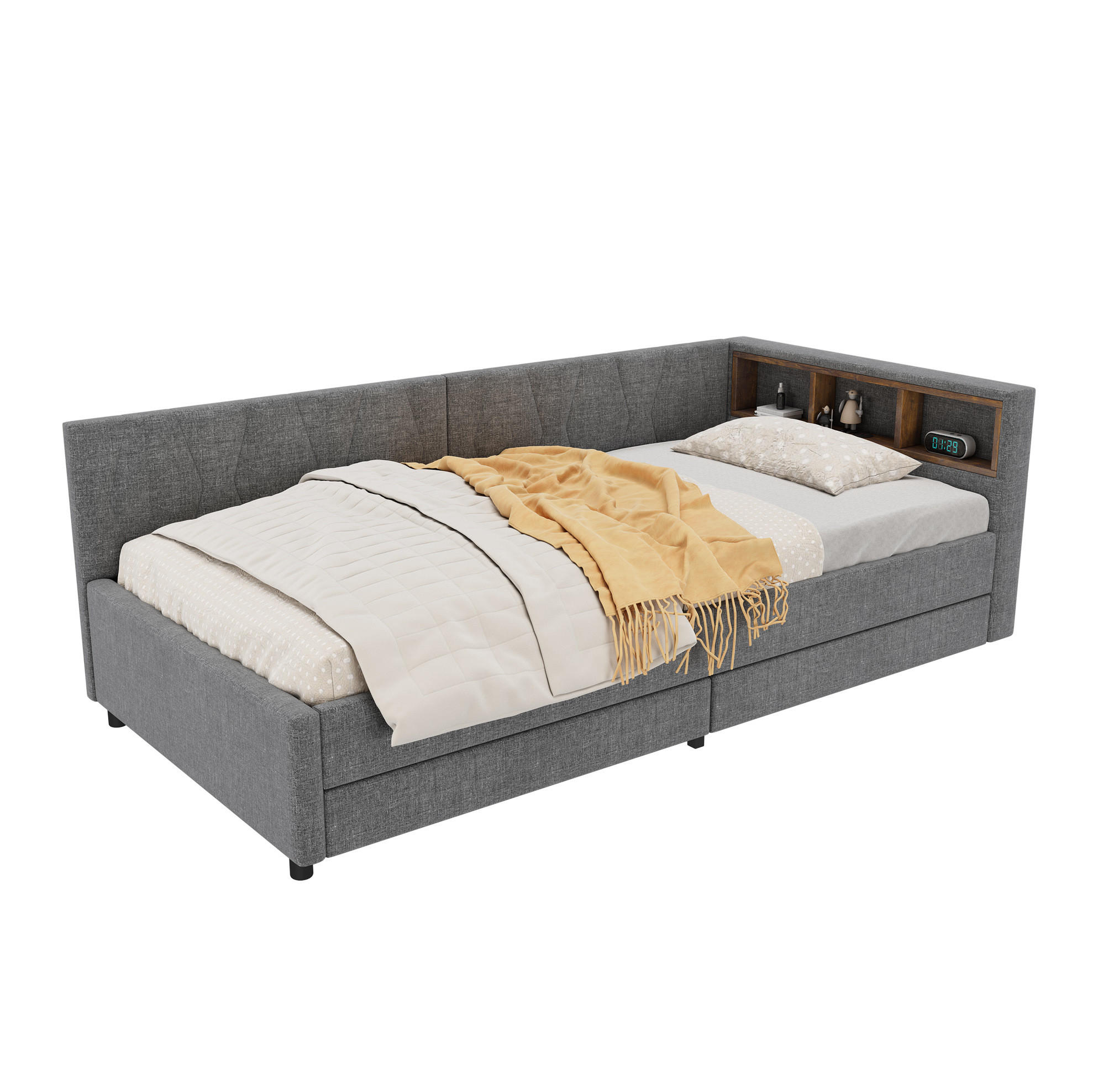 TAGBETT 90/200 cm Grau mit USB- und Type-C-Anschlüssen und LED-Beleuchtung - Grau, Textil (90/200cm) - OKWISH