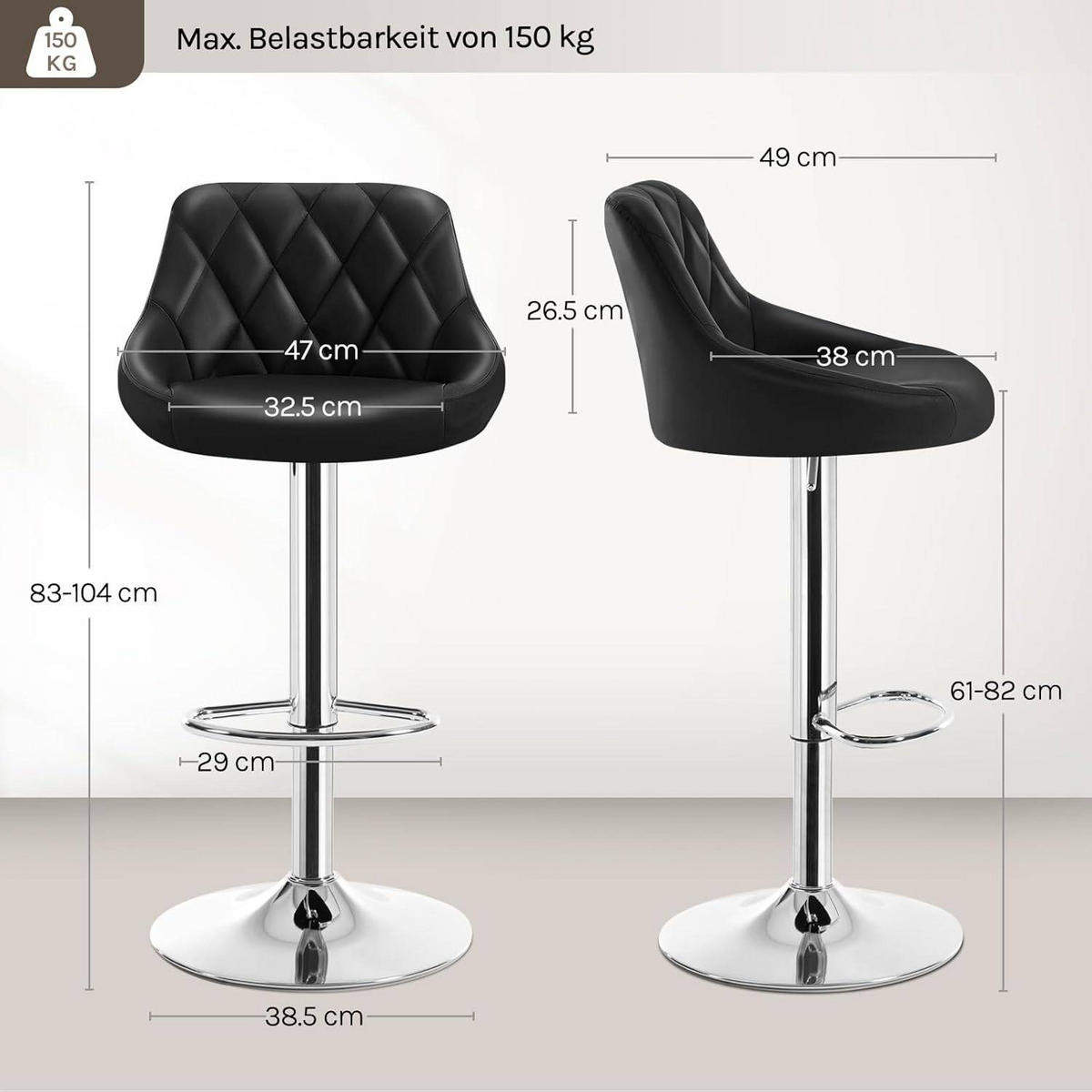 BARHOCKER, Kunstleder, Höhenverstellbar, 360° Drehbar - Schwarz, Metall (47/104/39cm) - Woltu